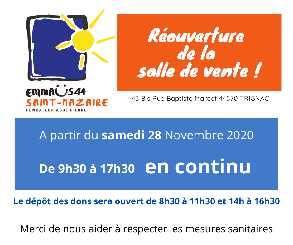 Réouverture Salle de vente EMMAÜS ST NAZAIRE à partir du 28 novembre 2020