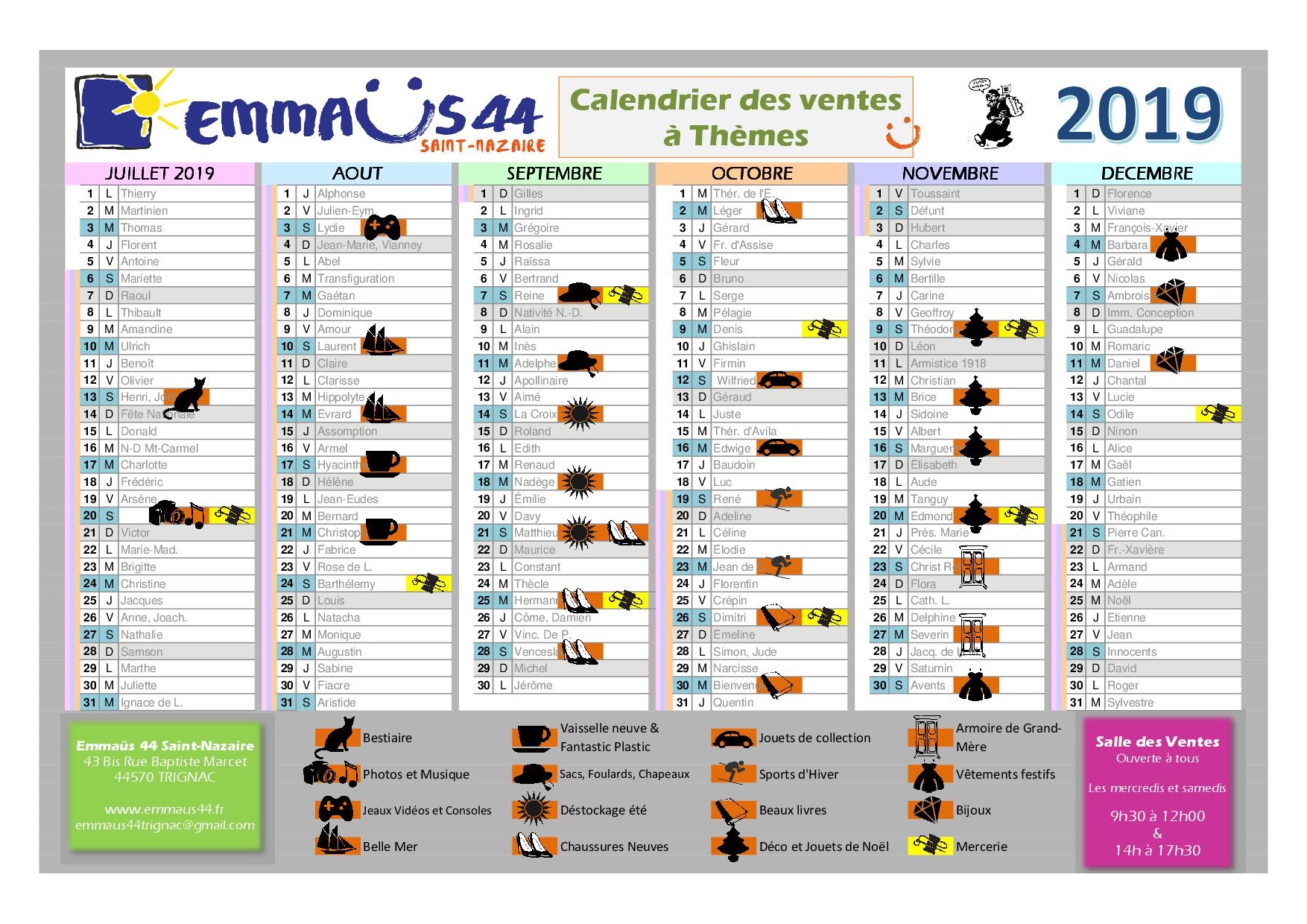 emmaus44 Saint-Nazaire calendrier des ventes thématiques 2019 deuxième semestre